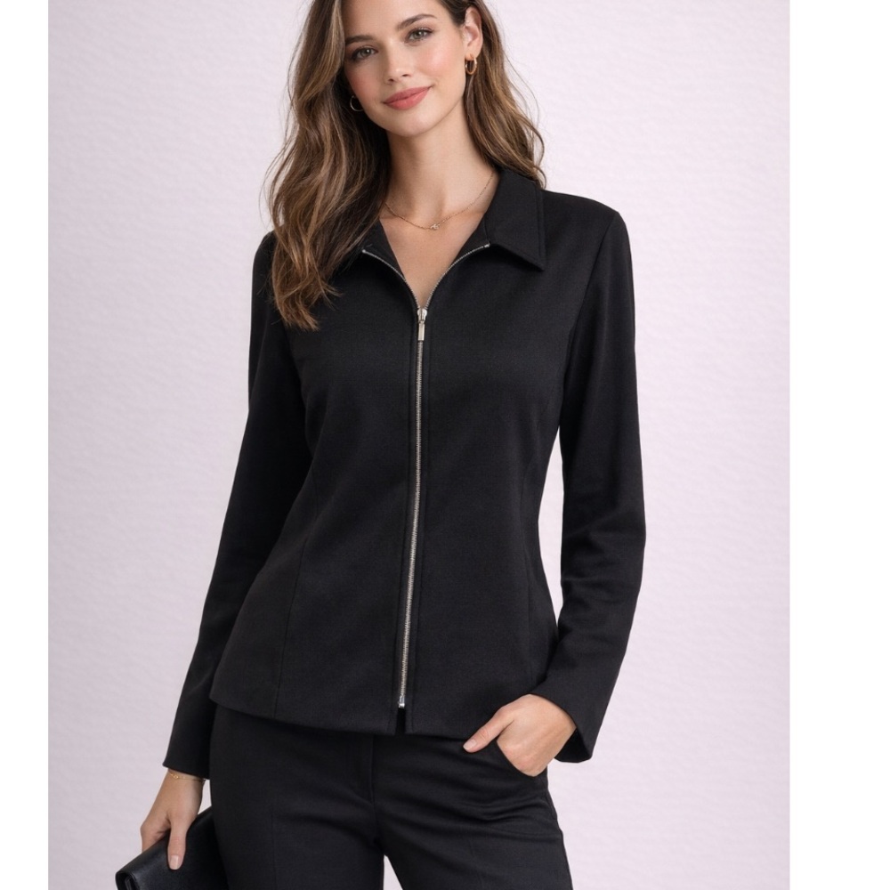 VALERIE STEVENS Black Wool Zipper Front Suit Jacket 10 NWOT